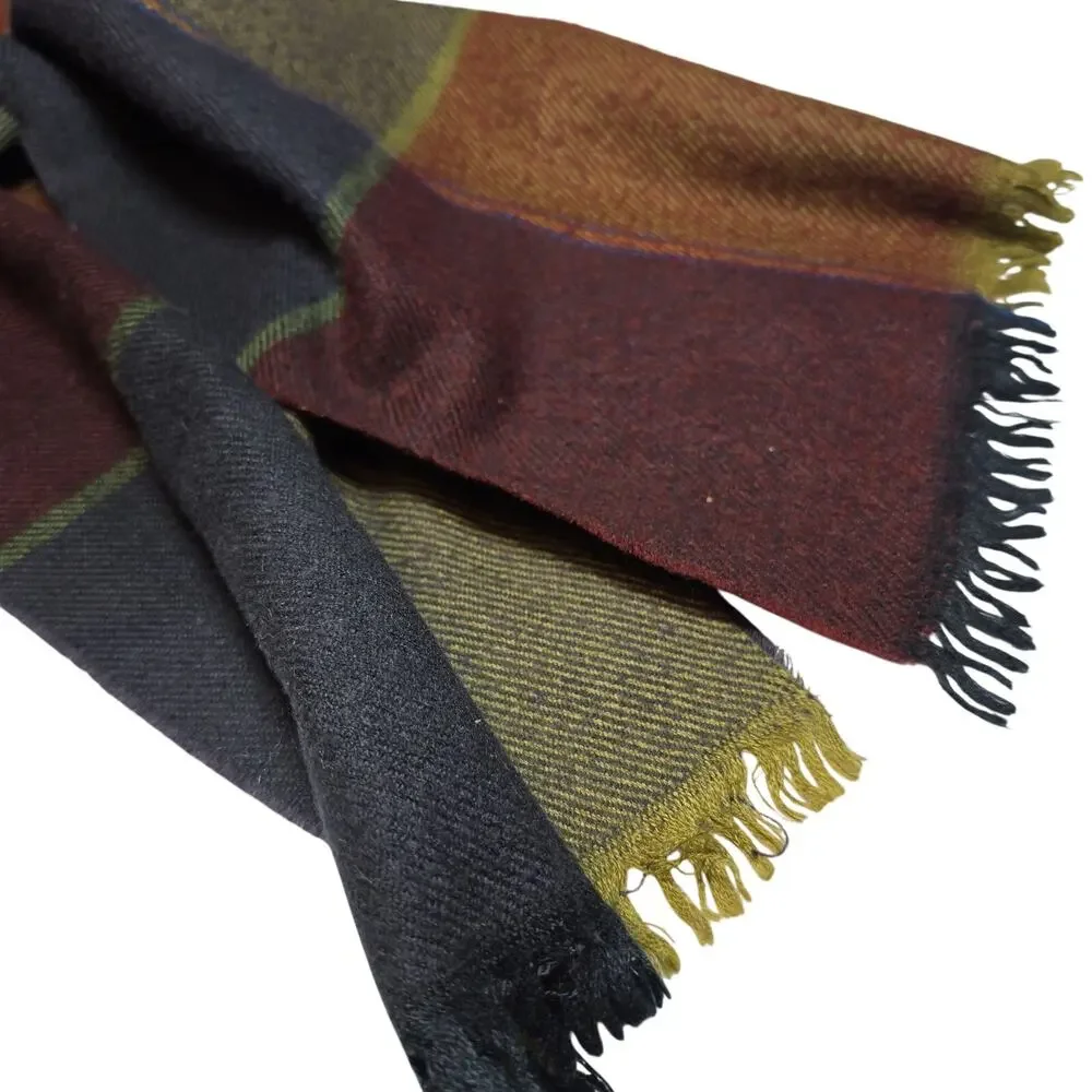 Vintage Wool Tartan Scarf Fringed Navy Blue Burnt Brick Burgundy Olive Green